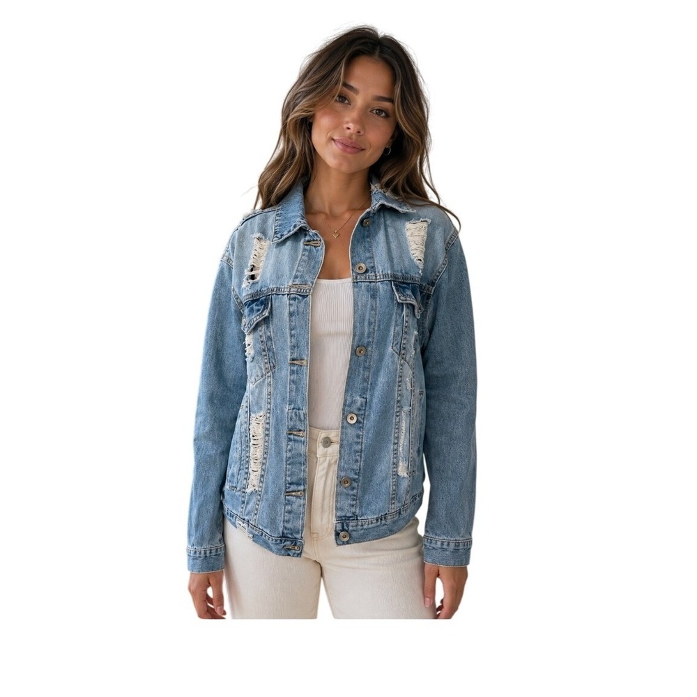 Cherry Koko Destroyed Denim Trucker Jean Jacket Distressed Blue Medium Wash‎ M